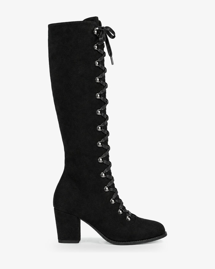 Bottes hautes lacées femme aspect daim, talon bloc, tige au genou — Léna