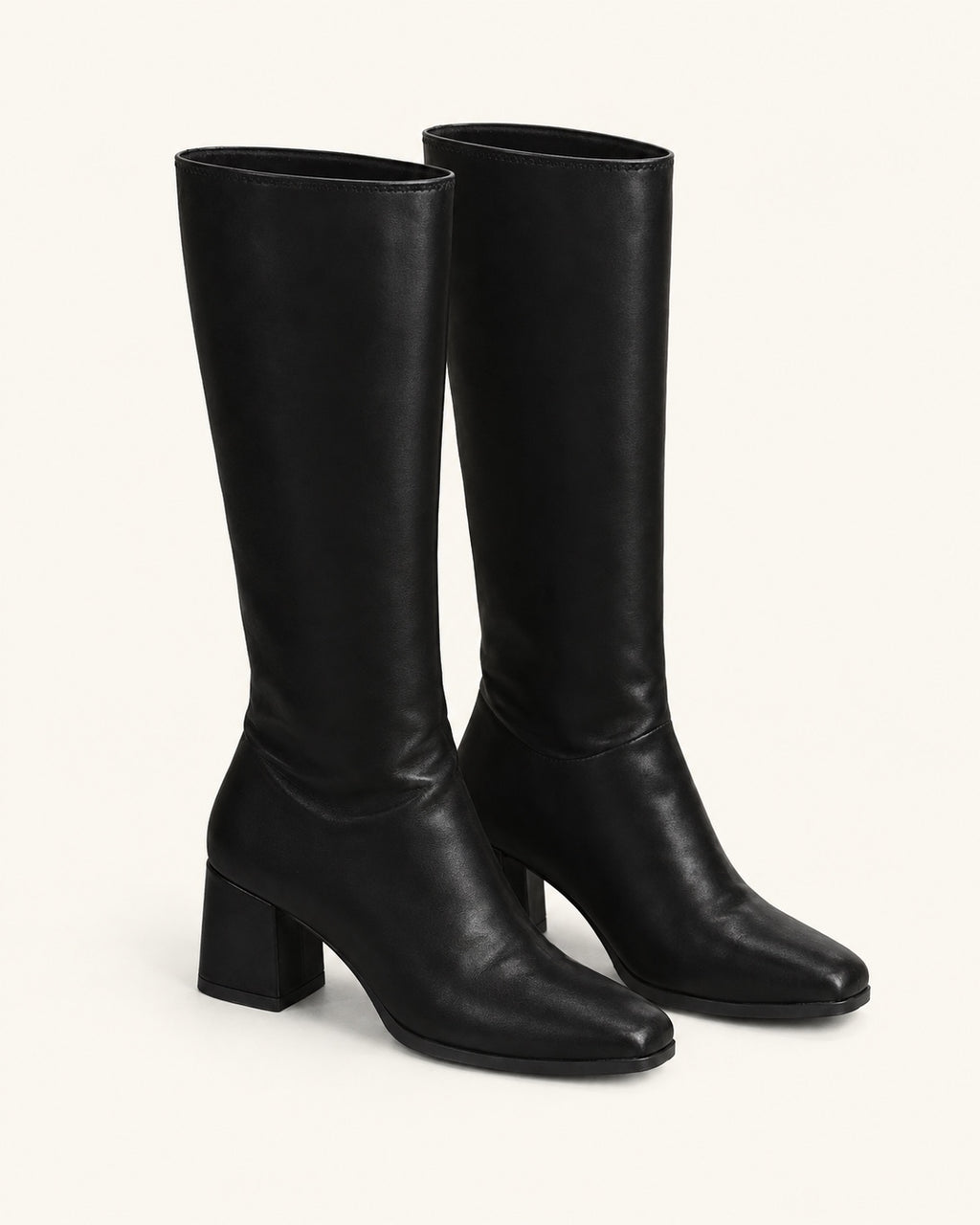 Bottes hautes femme aspect cuir lisse, talon bloc, bout carré — Adèle, noir