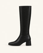 Bottes hautes Adèle noir, vue de profil : tige droite sous le genou, talon bloc