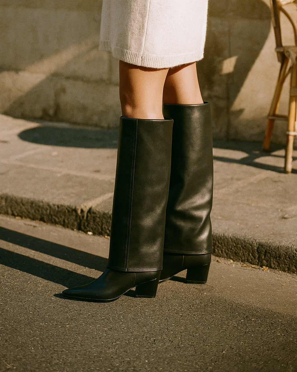 Santiags Andra portées dans une rue parisienne — Santiags hautes bout pointu femme