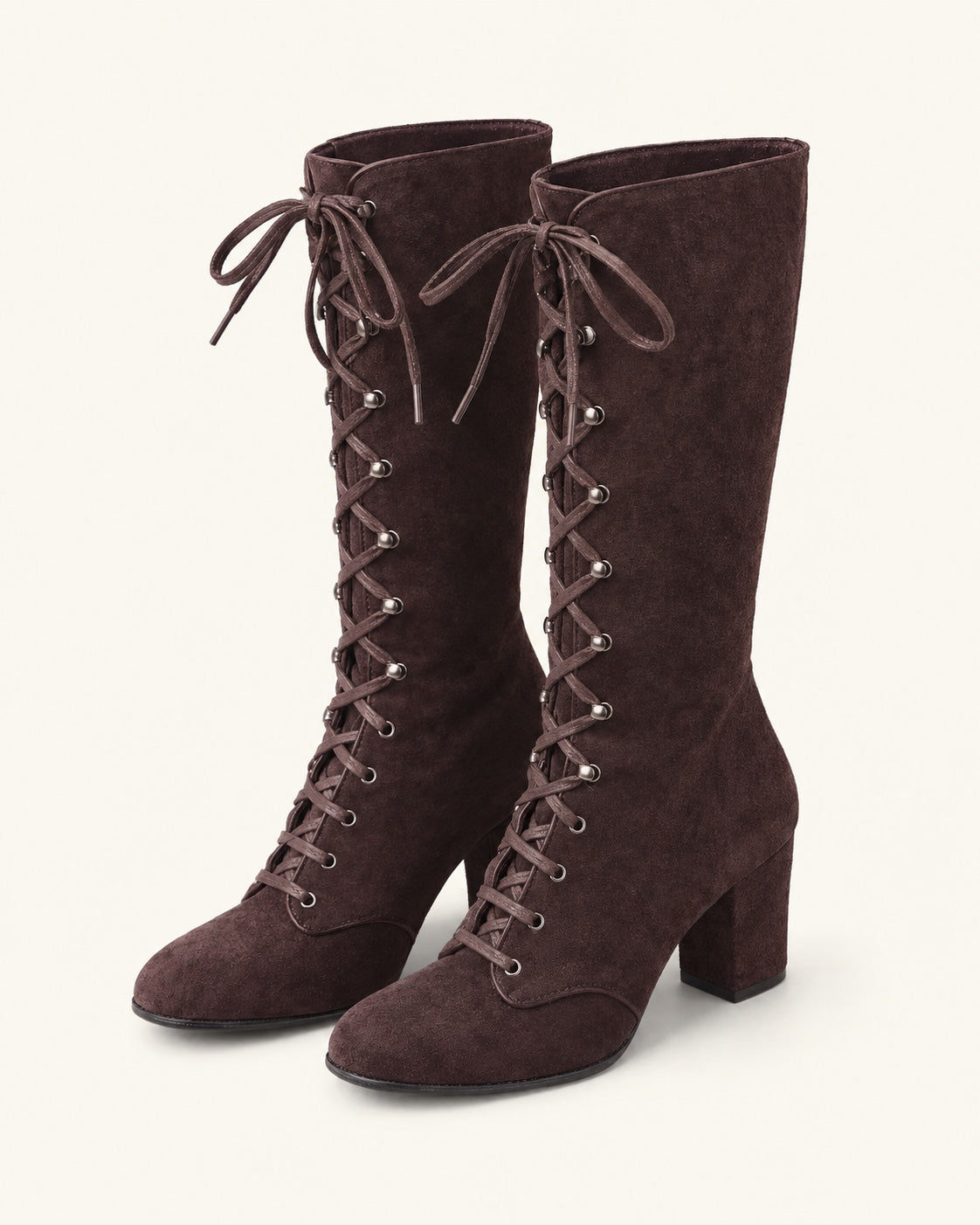 Bottes hautes lacées aspect daim, talon bloc — Léna, marron