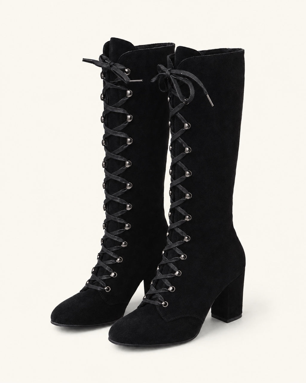 Bottes hautes lacées aspect daim, talon bloc — Léna, noir