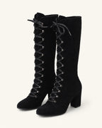 Bottes hautes lacées aspect daim, talon bloc — Léna, noir