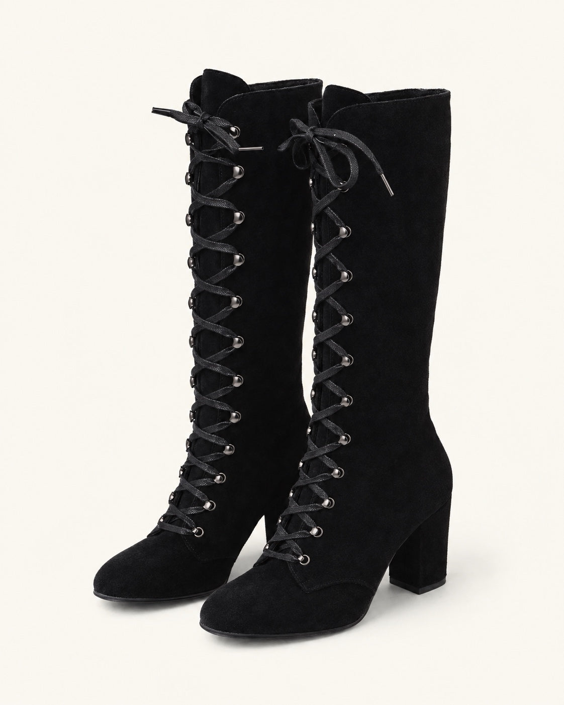 Bottes hautes lacées aspect daim, talon bloc — Léna, noir