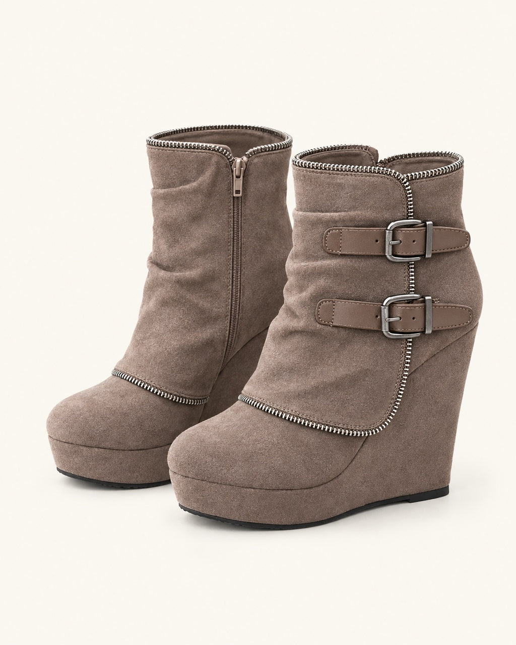 Bottines compensées aspect daim, zip et boucles — Juliette, kaki