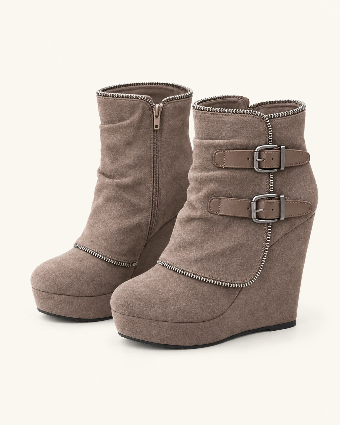 Bottines compensées aspect daim, zip et boucles — Juliette, kaki