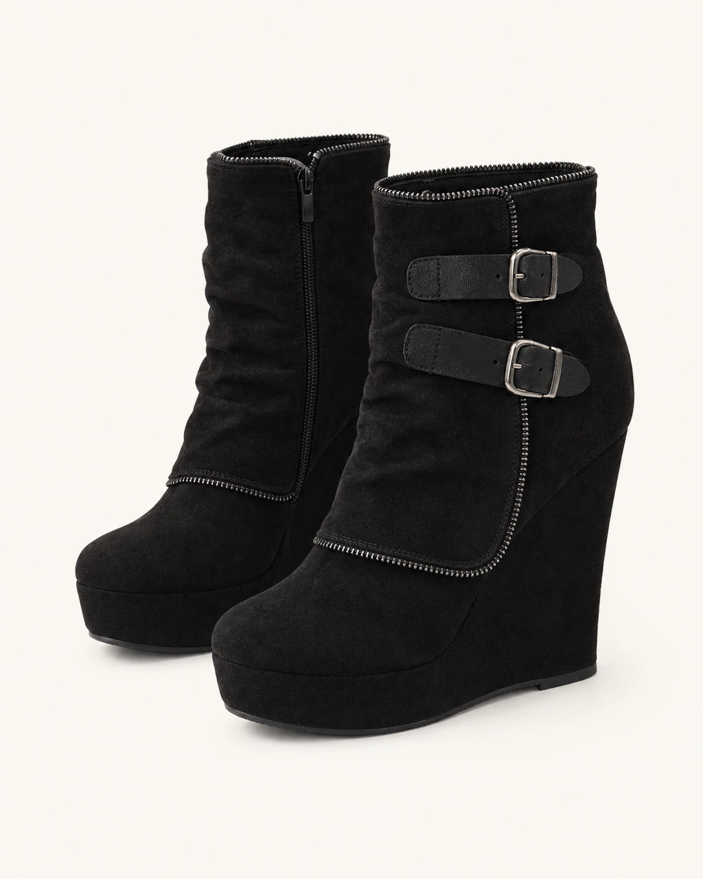 Bottines compensées aspect daim, zip et boucles — Juliette, noir