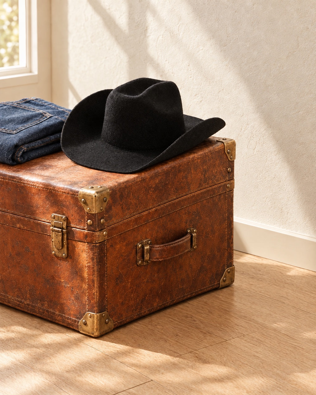 Chapeau cowboy en feutre noir uni, posé sur une malle en cuir