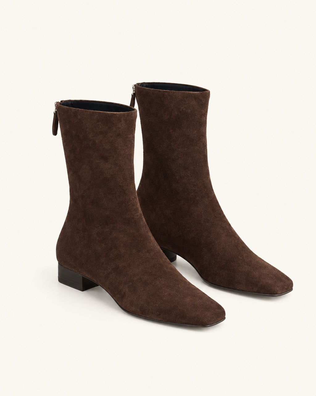 Bottines femme aspect daim, bout carré, zip au dos, petit talon — Colette, marron