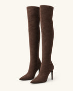 Cuissardes stretch aspect daim, bout pointu, talon fin — Anaé, marron