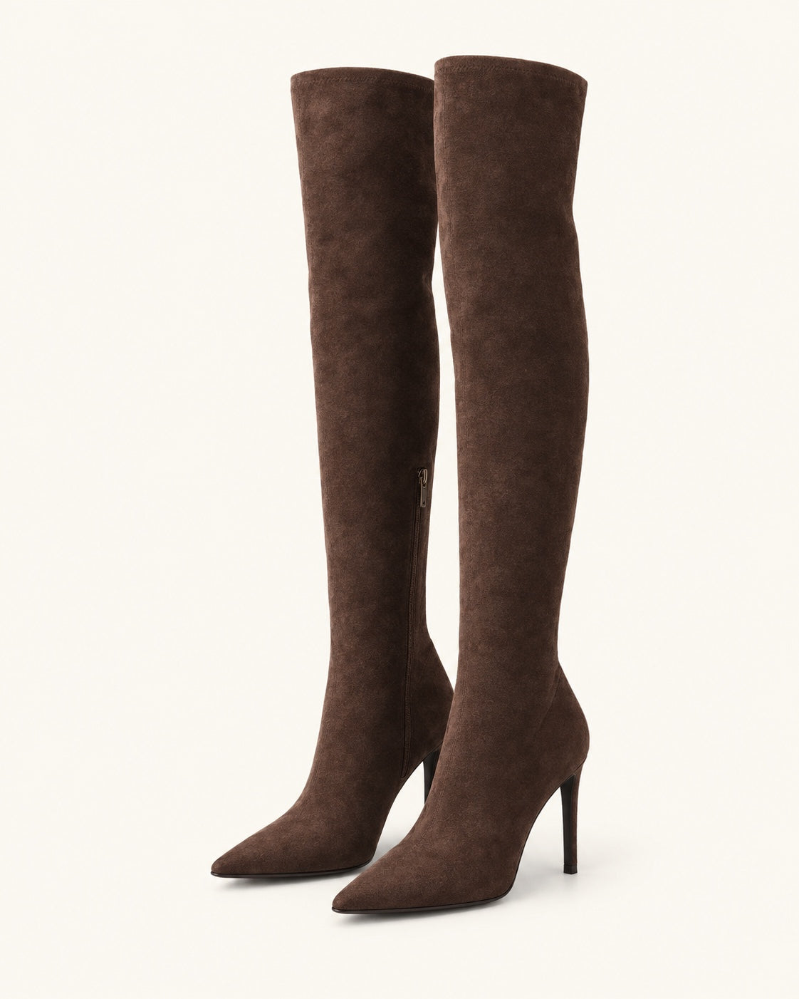 Cuissardes stretch aspect daim, bout pointu, talon fin — Anaé, marron