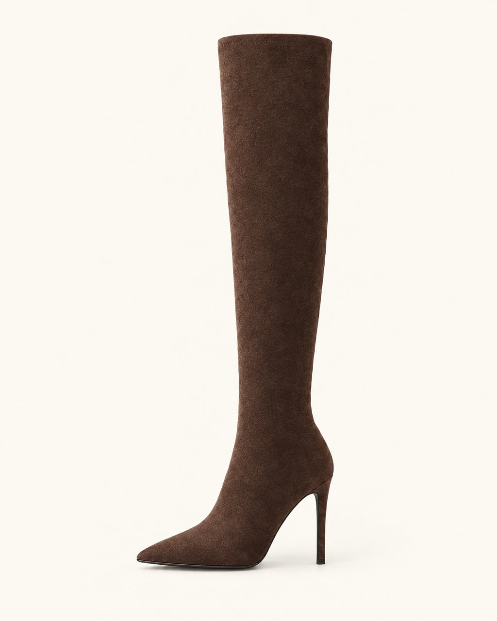 Cuissardes Anaé marron, vue de profil : tige stretch et talon fin