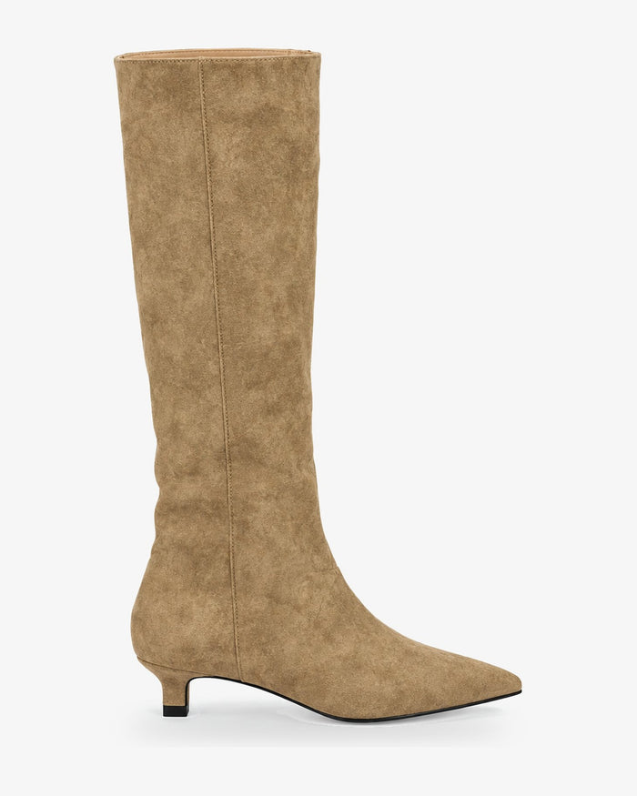 Bottes hautes femme aspect daim, bout pointu, talon fin, tige au genou — Esmé
