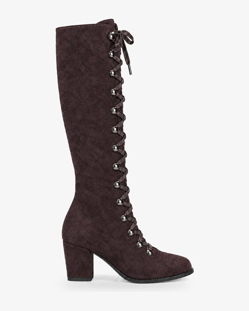 Bottes hautes lacées femme aspect daim Léna — Marron, vue de profil