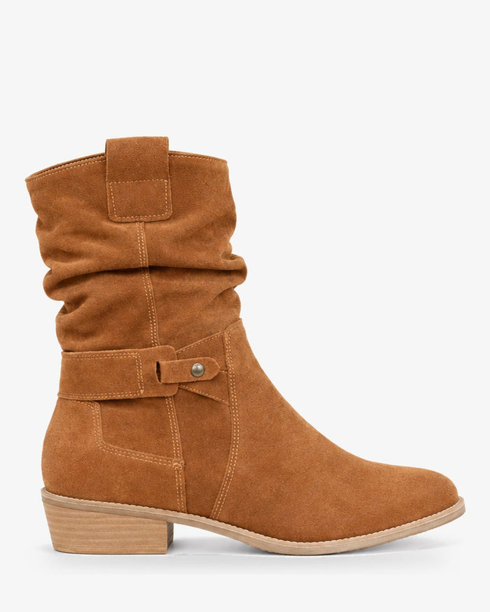 Bottes mi-mollet femme aspect daim, tige froncée, zip, petit talon — Lola