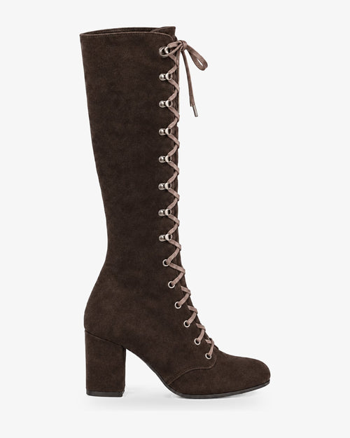 Bottes hautes lacées femme aspect daim Margaux — Marron, vue de profil
