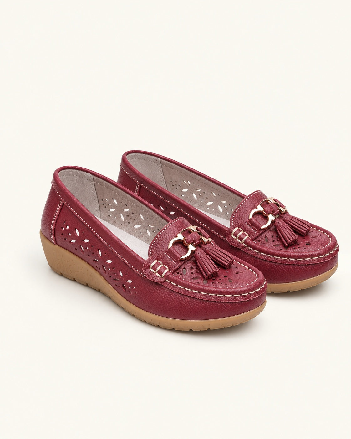 Mocassins compensés ajourés aspect cuir — Iris, bordeaux