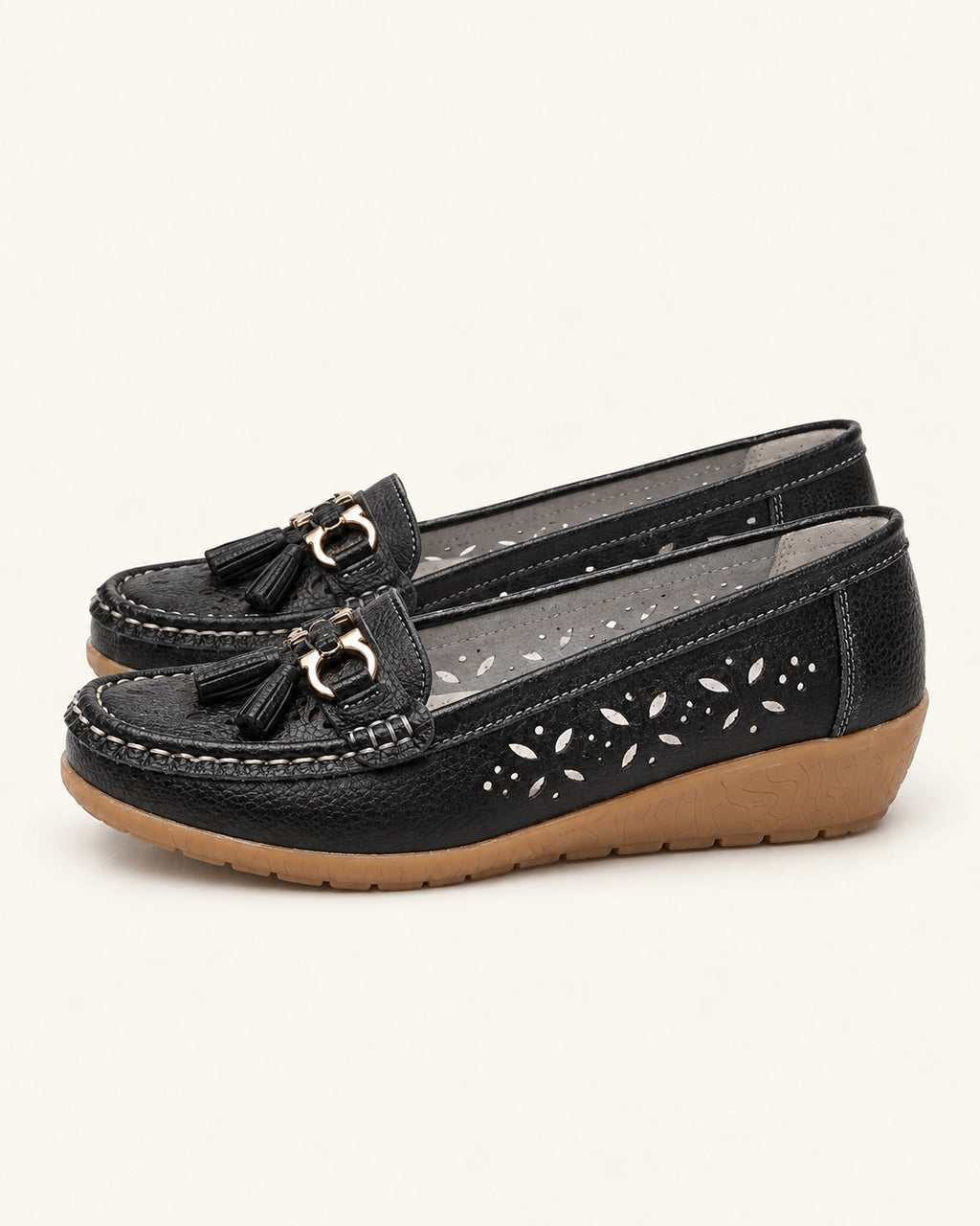 Mocassins compensés ajourés aspect cuir — Iris, noir, vue de profil