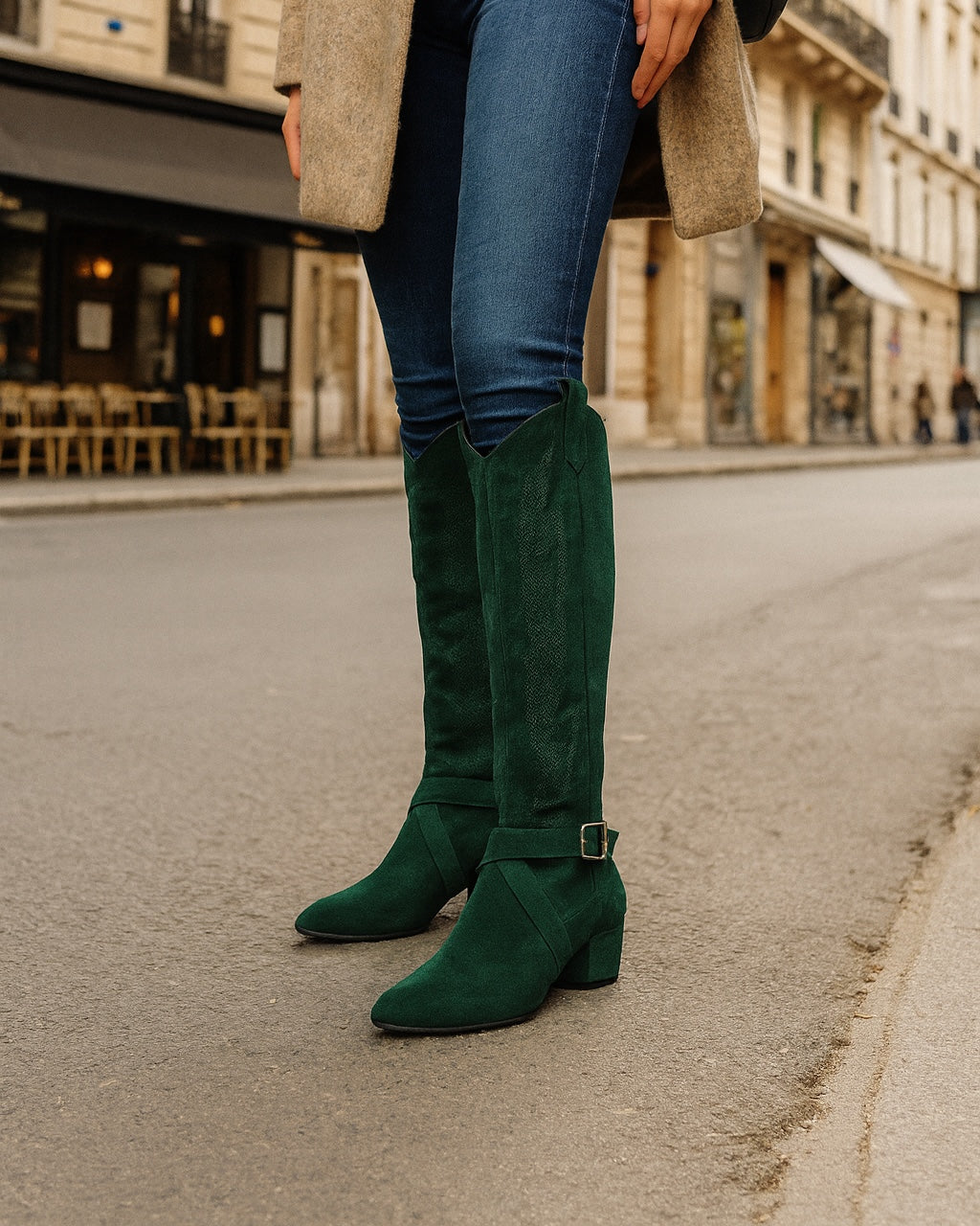 Santiags Paloma portées dans une rue parisienne — Santiags western en daim femme