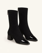 Bottines chaussette femme aspect daim, bout pointu effet verni, talon bloc — Victoire, noir